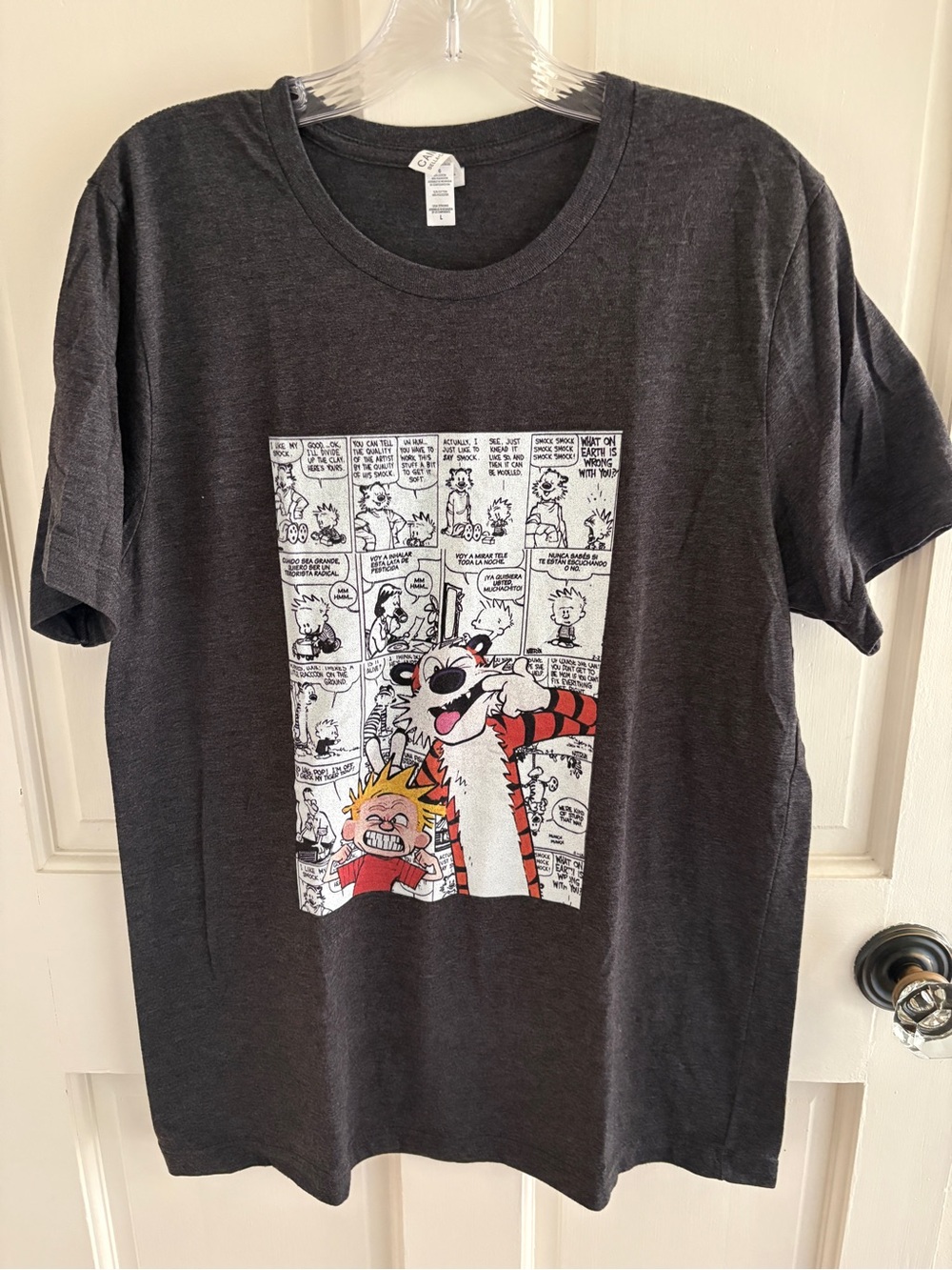 Gray Calvin and Hobbes tshirt
